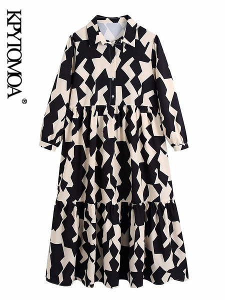 KPYTOMOA Women 2022 Geometric Print Ruffled Midi Dress Vintage Three Quarter Sleeve Button-up Female Dresses Vestidos
