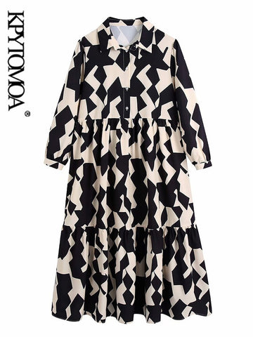 KPYTOMOA Women 2022 Geometric Print Ruffled Midi Dress Vintage Three Quarter Sleeve Button-up Female Dresses Vestidos