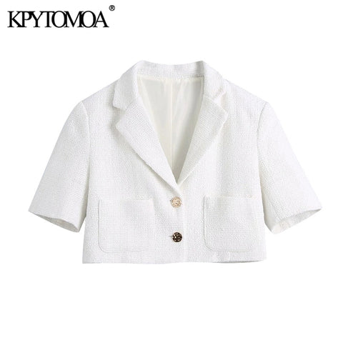 KPYTOMOA Women 2022 Metal Button Tweed Cropped White Blazer Coat Vintage Short Sleeve Pockets Female Outerwear Chic Tops