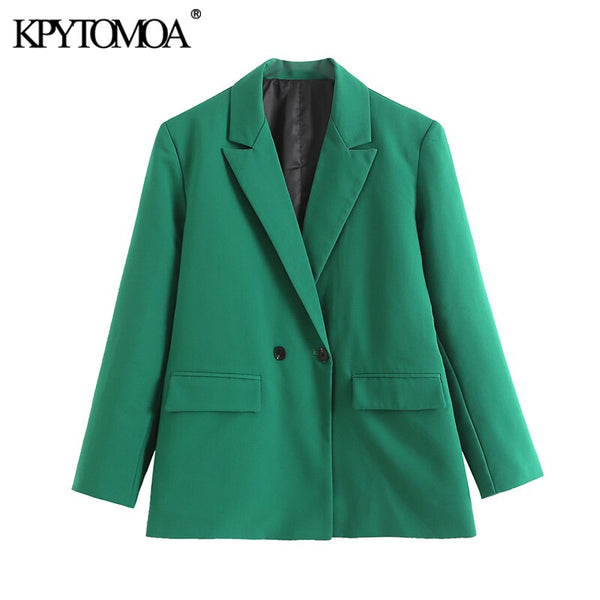 KPYTOMOA Women 2022 Oversized Double Breasted Blazer Coat Vintage Long Sleeve Flap Pockets Female Outerwear Chic Veste