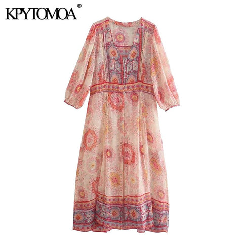 KPYTOMOA Women 2022 Semi-sheer Floral Print Lace Patchwork Midi Dress Vintage Three Quarter Sleeve Female Dresses Mujer