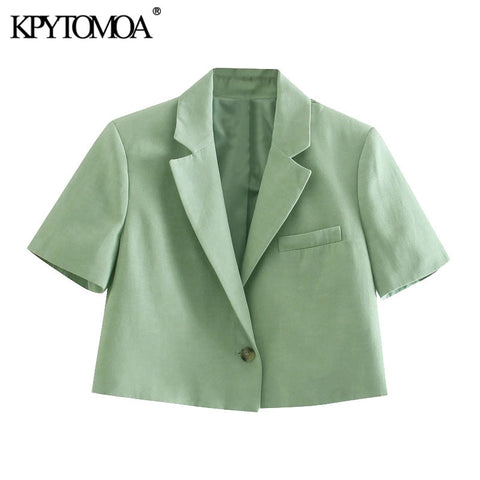 KPYTOMOA Women 2022 Single Button Linen Cropped Blazer Vintage Shorts Sleeve Female Outerwear Chic Veste Femme