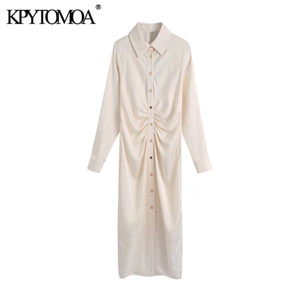 KPYTOMOA Women 2022 Soft Touch Pleated Midi Shirt Dress Vintage Long Sleeve Button-up Female Dresses Vestidos Mujer