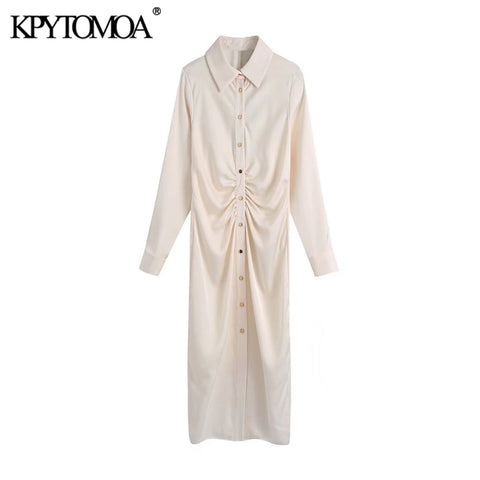 KPYTOMOA Women 2022 Soft Touch Pleated Midi Shirt Dress Vintage Long Sleeve Button-up Female Dresses Vestidos Mujer