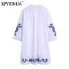 KPYTOMOA Women 2022 Totem Embroidery Asymmetric White Mini Dress Vintage Three Quarter Sleeve Female Dresses Mujer