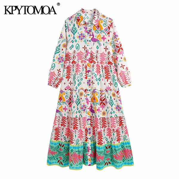 KPYTOMOA Women 2022  Totem Print Ruffled Midi Shirt Dress Vintage Three Quarter Sleeve Button-up Female Dresses Vestidos
