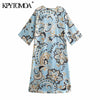 KPYTOMOA Women 2022 Totem Print Side Vents Midi Dress Vintage V Neck Three Quarter Sleeve Female Dresses Vestidos Mujer
