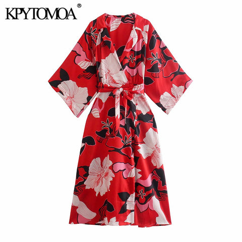 KPYTOMOA Women 2022 With Belt Floral Print Kimono Midi Dress Vintage Three Quarter Sleeve Female Dresses Vestidos Mujer