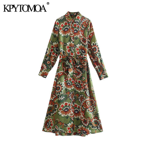 KPYTOMOA Women 2022 With Belt Floral Print Midi Shirt Dress Vintage Long Sleeve Button-up Female Dresses Vestidos Mujer