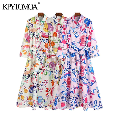 KPYTOMOA Women 2022 With Belt Floral Print Midi Shirt Dress Vintage Three Quarter Sleeve Button-up Female Dresses Mujer
