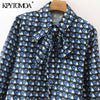 KPYTOMOA Women 2022 With Bow Tied Geometric Print Midi Dress Vintage Three Quarter Sleeve Button-up Female Dresses Mujer