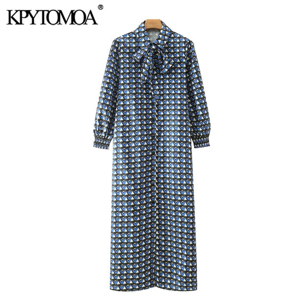 KPYTOMOA Women 2022 With Bow Tied Geometric Print Midi Dress Vintage Three Quarter Sleeve Button-up Female Dresses Mujer