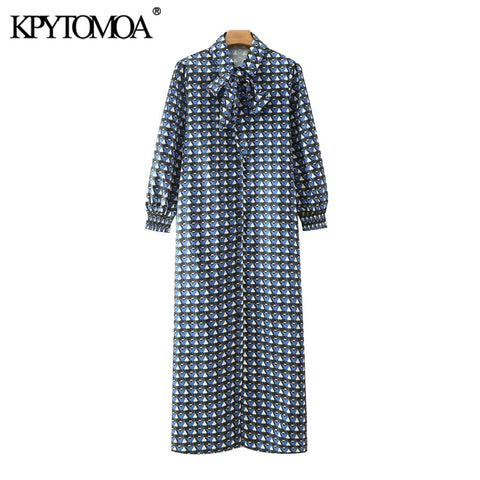 KPYTOMOA Women 2022 With Bow Tied Geometric Print Midi Dress Vintage Three Quarter Sleeve Button-up Female Dresses Mujer