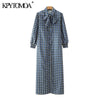 KPYTOMOA Women 2022 With Bow Tied Geometric Print Midi Dress Vintage Three Quarter Sleeve Button-up Female Dresses Mujer