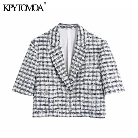 KPYTOMOA Women 2022 With Buttons Tweed Cropped Blazer Coat Vintage Short Sleeve Pockets Female Outerwear Chic Veste