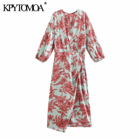 KPYTOMOA Women 2022 With Knot Floral Print Crossover Midi Dress Vintage V Neck Three Quarter Sleeve Female Dresses Mujer