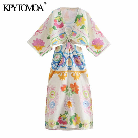 KPYTOMOA Women 2022 With Knot Floral Print Linen Slit Midi Dress Vintage Elastic Waist Hollow Out Female Dresses Mujer
