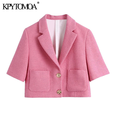 KPYTOMOA Women 2022 With Pockets Tweed Blazers Coat Vintage Notched Collar Short Sleeve Female Outerwear Chic Tops