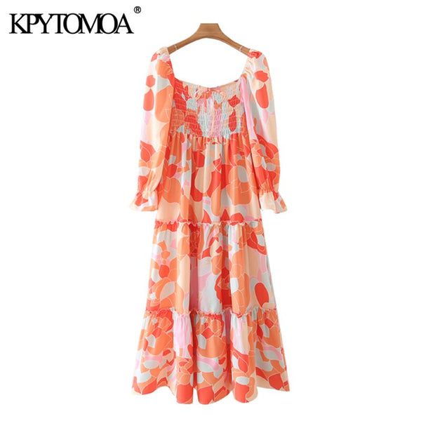 KPYTOMOA Women 2022 With Ties Printed Smocked Elastic Midi Dress Vintage Three Quarter Sleeve Female Dresses Vestidos