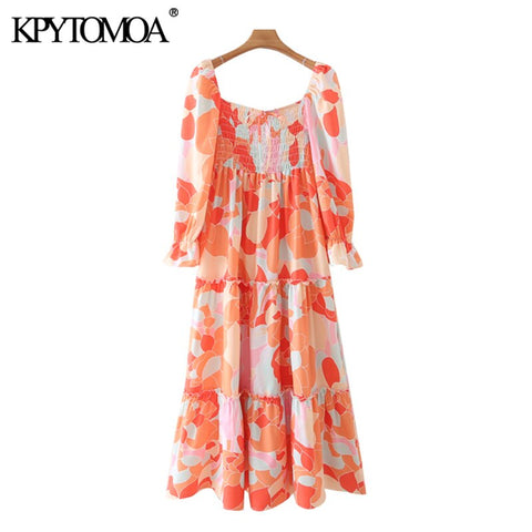 KPYTOMOA Women 2022 With Ties Printed Smocked Elastic Midi Dress Vintage Three Quarter Sleeve Female Dresses Vestidos