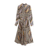 KPYTOMOA Women  Chic Office Wear Striped Pleated Midi Dress Vintage Long Sleeve With Belt  Female Dresses Vestidos