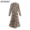 KPYTOMOA Women  Chic Office Wear Striped Pleated Midi Dress Vintage Long Sleeve With Belt  Female Dresses Vestidos