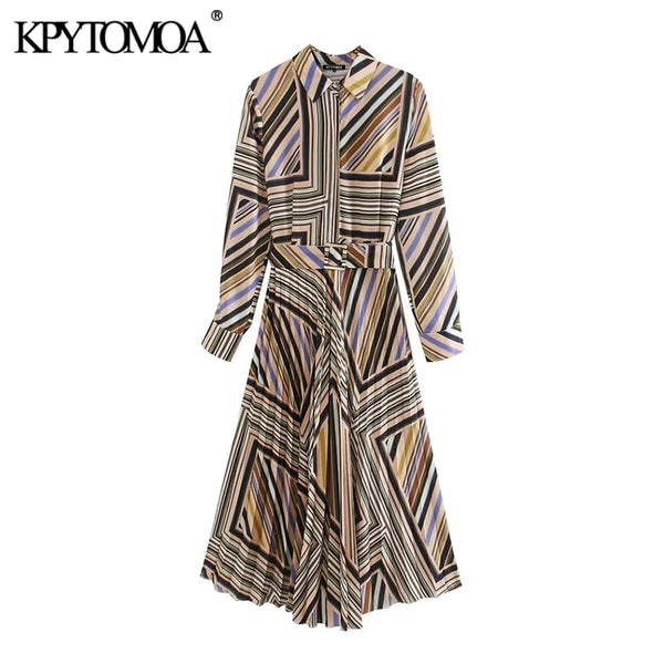 KPYTOMOA Women  Chic Office Wear Striped Pleated Midi Dress Vintage Long Sleeve With Belt  Female Dresses Vestidos