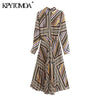 KPYTOMOA Women  Chic Office Wear Striped Pleated Midi Dress Vintage Long Sleeve With Belt  Female Dresses Vestidos