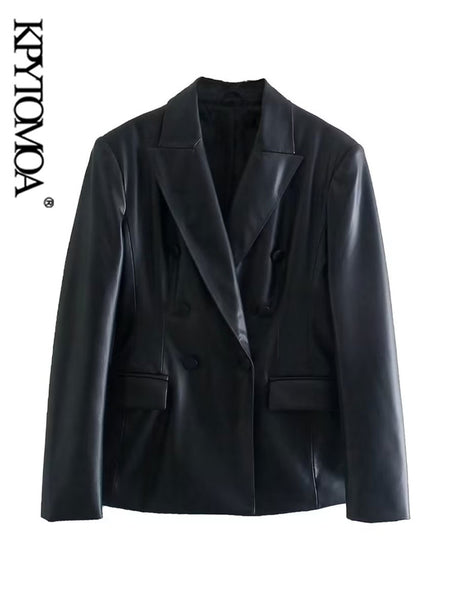 KPYTOMOA Women Double Breasted Faux Leather Blazer Coat Vintage Long Sleeve Flap Pockets Female Outerwear Chic Vestes