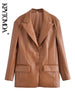 KPYTOMOA Women Single Breasted Faux Leather Blazer Coat Vintage Long Sleeve Flap Pockets Female Outerwear Chic Veste