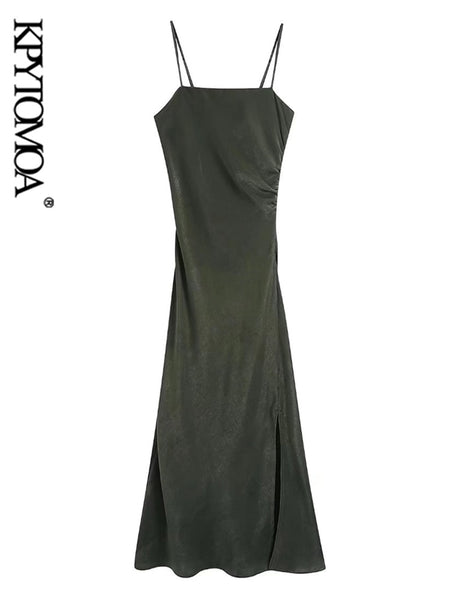 KPYTOMOA Women Soft Touch Front Slit Midi Camisole Dress Vintage Backless Side Zipper Thin Straps Female Dresses Mujer