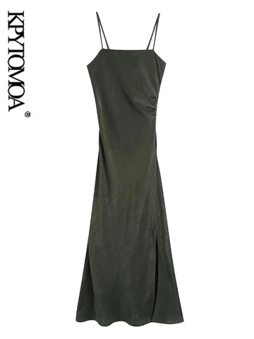 KPYTOMOA Women Soft Touch Front Slit Midi Camisole Dress Vintage Backless Side Zipper Thin Straps Female Dresses Mujer