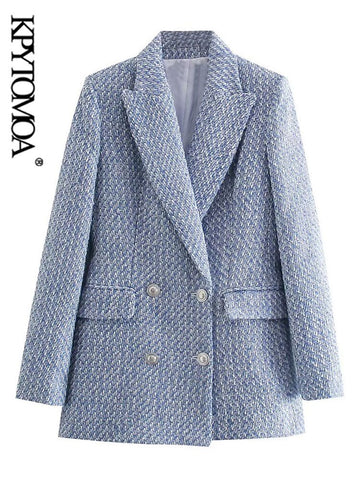 KPYTOMOA Women  Tweed Double Breasted Blazer Coat Vintage Long Sleeve Flap Pockets Female Outerwear Chic Veste Femme