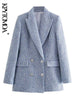 KPYTOMOA Women  Tweed Double Breasted Blazer Coat Vintage Long Sleeve Flap Pockets Female Outerwear Chic Veste Femme