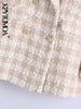 KPYTOMOA Women  Tweed Double Breasted Blazer Coat Vintage Long Sleeve Flap Pockets Female Outerwear Chic Veste Femme