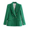 KPYTOMOA Women Tweed Double Breasted Green Blazer Coat Vintage Long Sleeve Flap Pocket Female Outerwear Chic Veste Femme