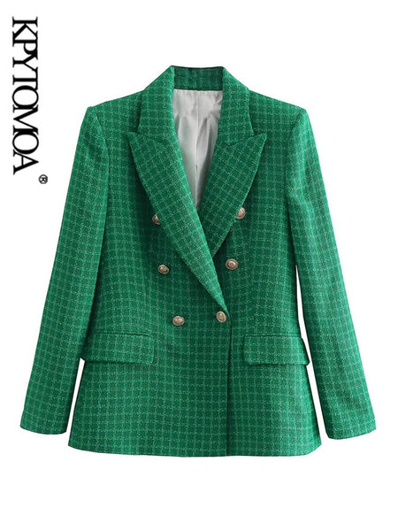KPYTOMOA Women Tweed Double Breasted Green Blazer Coat Vintage Long Sleeve Flap Pocket Female Outerwear Chic Veste Femme