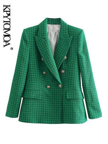 KPYTOMOA Women Tweed Double Breasted Green Blazer Coat Vintage Long Sleeve Flap Pocket Female Outerwear Chic Veste Femme