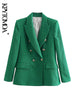 KPYTOMOA Women Tweed Double Breasted Green Blazer Coat Vintage Long Sleeve Flap Pocket Female Outerwear Chic Veste Femme