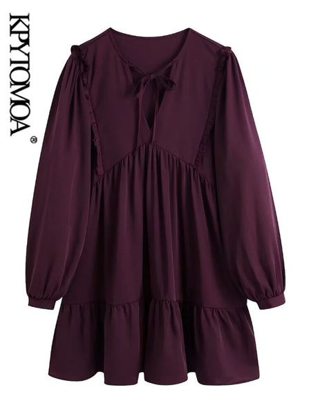 KPYTOMOA Women With Tie Ruffled Panelled Mini Dress Vintage V Neck Long Sleeve Female Dresses Vestidos Mujer