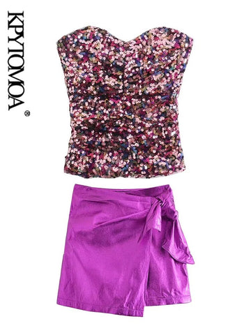KPYTOMOA Women Sexy Shiny Sequin Crop Tank Tops Vintage With Bow High Waist Shorts Skirts Female Sets Mujer