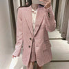 KRSB Women's Blazer Pink And White Geometric Plaid Suit Jacket Pants Skirt Suit Pink Pocket Jacket Zipper Skirt British