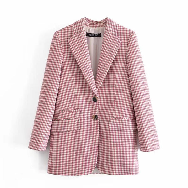 KRSB Women's Blazer Pink And White Geometric Plaid Suit Jacket Pants Skirt Suit Pink Pocket Jacket Zipper Skirt British