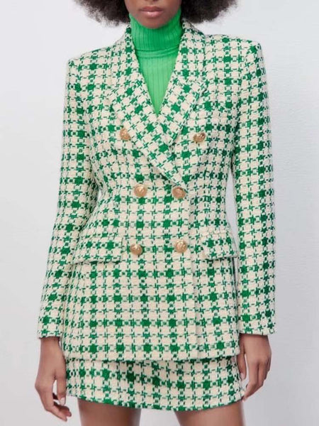 KUMSVAG 2023 Summer Women Casual Skirt Suits 2 piece Sets Plaid Veins Blazers Coats and Skirts Female Street Two pieces Clothing