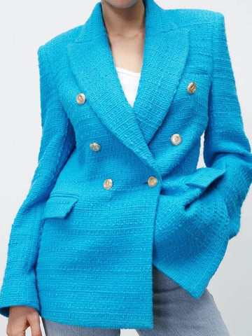 KUMSVAG 2023 Summer Women Casual Veins Blazers Coats Solid Double Breasted Slim Female Elegant Street OL Blazer Outerwear