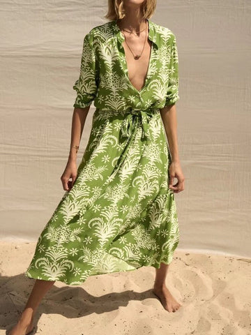 KUMSVAG 2023 Summer Women Vintage MIDI Dress Floral Print Sashes Bow Tie O-Neck Buttons Female Elegant Loose Dresses Vestidos