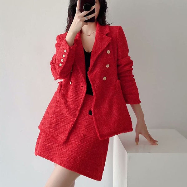 KUMSVAG Women Autumn Solid Casual Skirt Suits 2-piece Sets 2022 ZA Blazers and Skirts Female Elegant Sweet Two-pieces Clothing