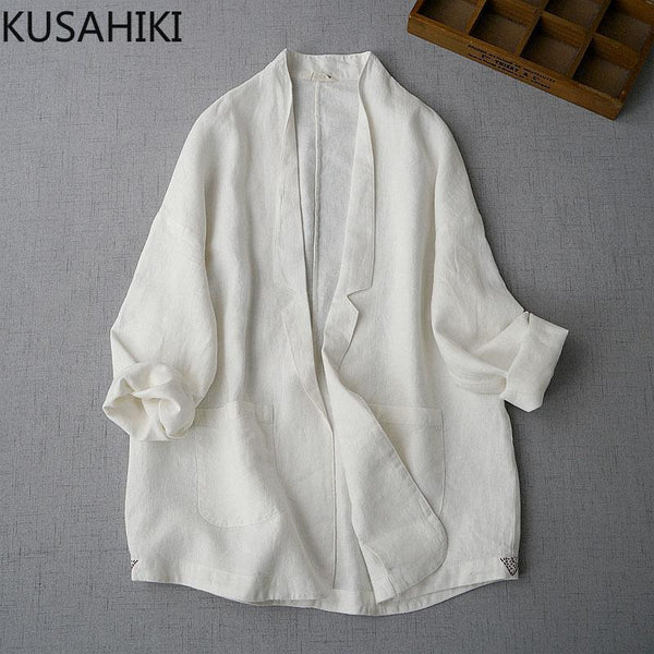 KUSAHIKI Causal Women Cotton Linen Blazer Coat Long Sleeve 2023 Summer Thin Suit Jacket Korean Solid Blazers Feminimos