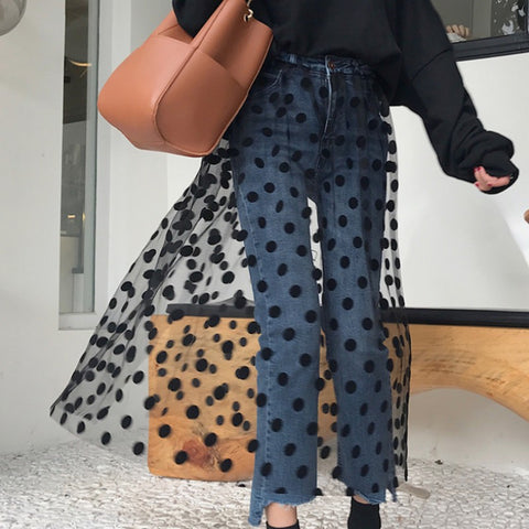 Sexy Dot Lace Mesh Patchwork Jeans Fashion Irregular Pantalones Vaqueros Mujer All Match Clothes for Women Denim Pants