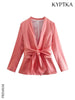 KYPTKA Women Front Button With Belt Blazer Coat Vintage Long Sleeve Flap Pockets Female Outerwear Chic Veste Femme